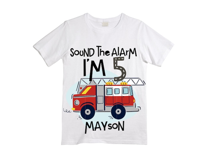 Personalized Sound the Alarm I'm 5 Fire Truck Truck FIVE Raglan Monster Truck theme Birthday Shirt. FIVE Birthday. FireTruck Birthday .