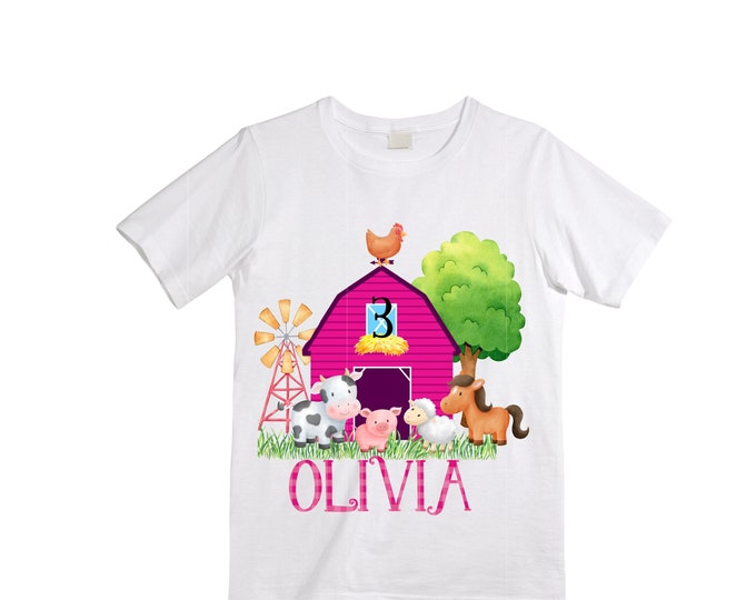 Farm Barn Tractor Farm Animal theme Birthday Shirt. THREE Birthday. Girls Cow Farm Tractor Birthday Shirt. Farm Birthday Shirt.