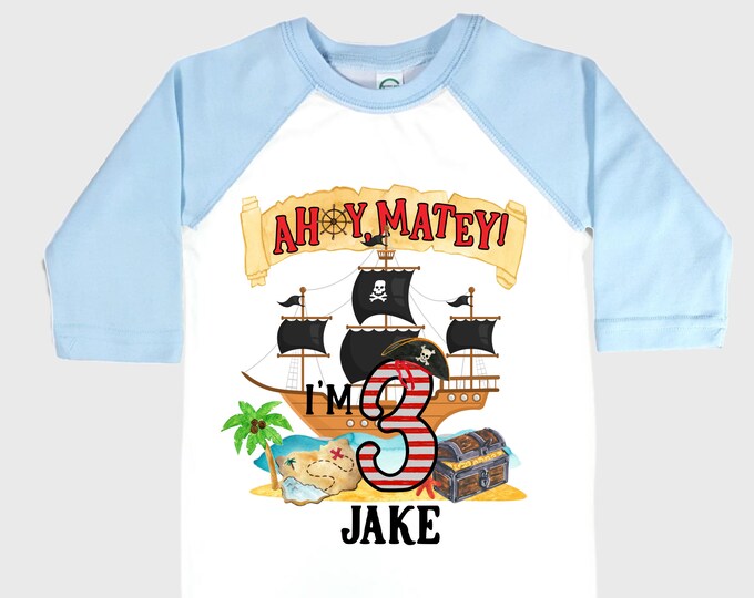 Personalized Pirate Ship theme Birthday Shirt. THREE Birthday. Boy's Pirate Birthday. Timber me Shivers. Arr Matey. Ahoy Matey. Arrgh. 3rd