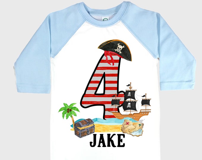 Personalized Pirate Ship FOUR  Raglan Pirate Ship theme Birthday Shirt. Arr matey. Ahoy Matey. Timber Me Shivers. 4th Pirate themed Party.