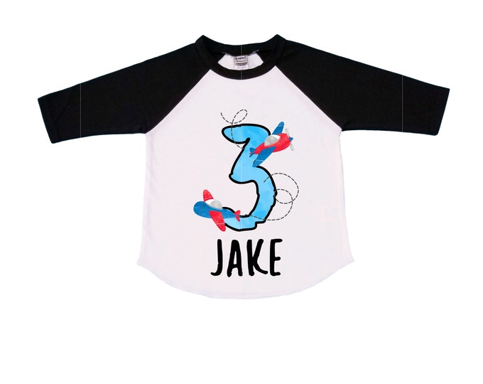 Personalized Airplane theme Birthday Shirt. THREE Birthday. Boy's Airplane Birthday Shirt. Airplane Racing Birthday Shirt.