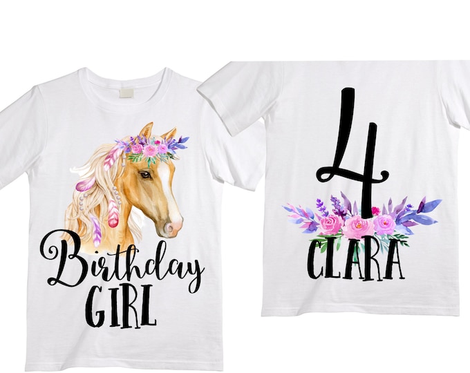 Personalized Horse Unicorn theme Birthday Shirt. Four Birthday. Girl's Floral Dino Birthday Shirt. Dinosaur Birthday Shirt. 4th Birthday