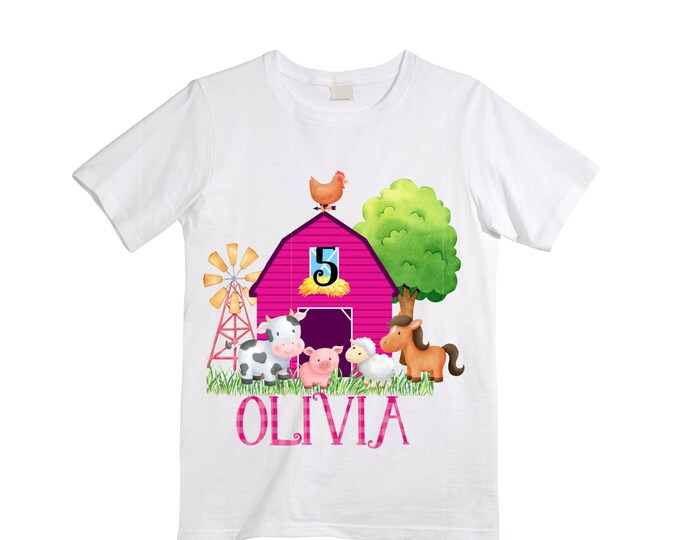 Personalized Farm Barn Farm Animal Tractor theme Birthday Shirt. FIVE Birthday. Girls Farm Birthday Shirt. Tractor Birthday Shirt. 5th