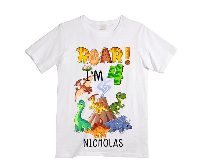 Personalized ROAR Dinosaur theme Birthday Shirt. FOUR Birthday. Boy's Dino Birthday Shirt. Dinosaur Birthday Shirt. FOUR Rex