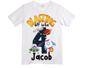 Personalized Space Birthday FOUR Astronaut theme Birthday Shirt. FOUR Birthday. Boy's Birthday Shirt. Spaceship Space ship Birthday Shirt.