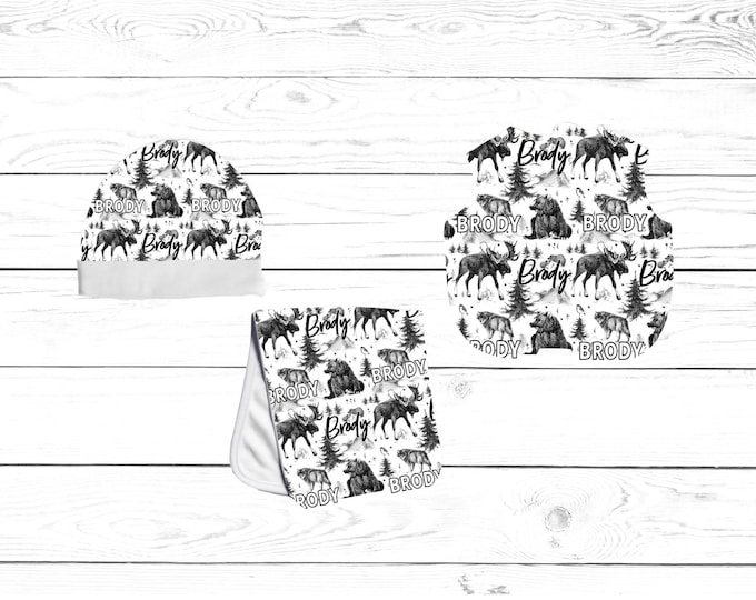 Personalized Burp Cloth, Bib and Beanie Set. Baby Shower Gift. Newborn Gift Idea