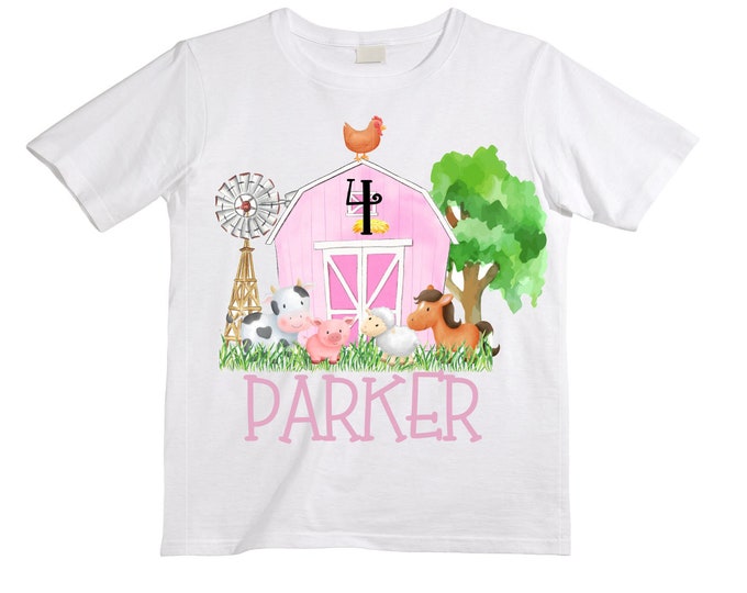 Personalized Farm Barn Farm Animal Tractor theme Birthday Shirt. Four Birthday. Girls Cow Farm Birthday Shirt. Tractor Birthday Shirt.
