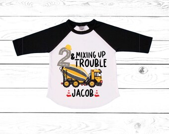 2 and Mixing Up trouble Themed Cement Truck Construction theme Birthday Shirt. Two Birthday. Boy's Truck Birthday Shirt. Trash Shirt.
