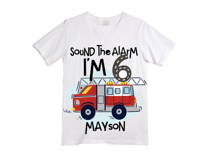 Personalized Sound the Alarm I'm 6 Fire Truck Truck FIVE Raglan Monster Truck theme Birthday Shirt. FIVE Birthday. FireTruck Birthday .