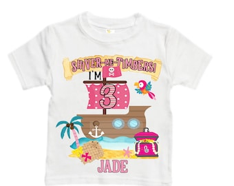 Personalized Pirate Ship Rainbow Three Girl Birthday Shirt. Pirate. Ahoy Matey, Arr Matey, Arrgh, Shiver Me Timbers Birthday Shirt. 3rd
