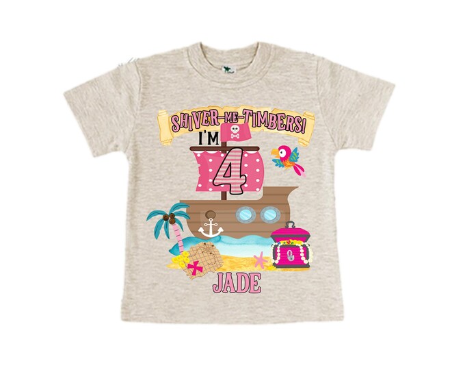 Personalized Pirate Ship Rainbow Four Birthday Girl Shirt. Ahoy Matey, Arrgh, Arr Matey. Shiver Me Timbers Pirate Themed 4th Birthday