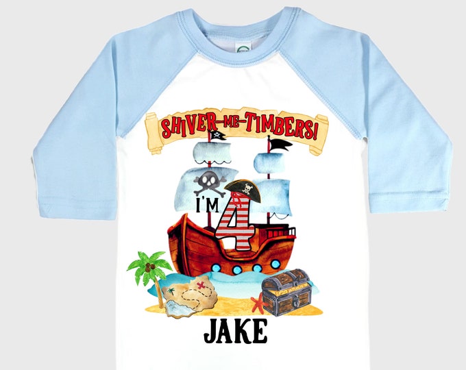Personalized Pirate Ship FOUR  Raglan Pirate Ship theme Birthday Shirt. Arr matey. Ahoy Matey. Timber Me Shivers. 4th Pirate themed Party.