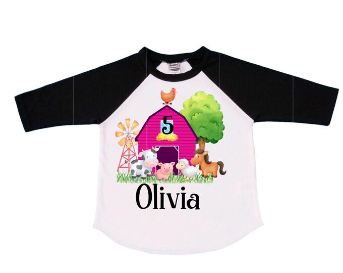 Personalized Farm Barn Farm Animal Tractor theme Birthday Shirt. FIVE Birthday. Girls Farm Birthday Shirt. Tractor Birthday Shirt. 5th