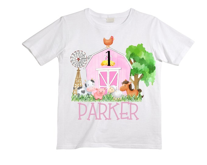 Farm Barn Tractor Farm Animal theme Birthday Shirt. ONE Birthday. Girl's Tractor Birthday. Farm Birthday Shirt. First Birthday Cake Smash