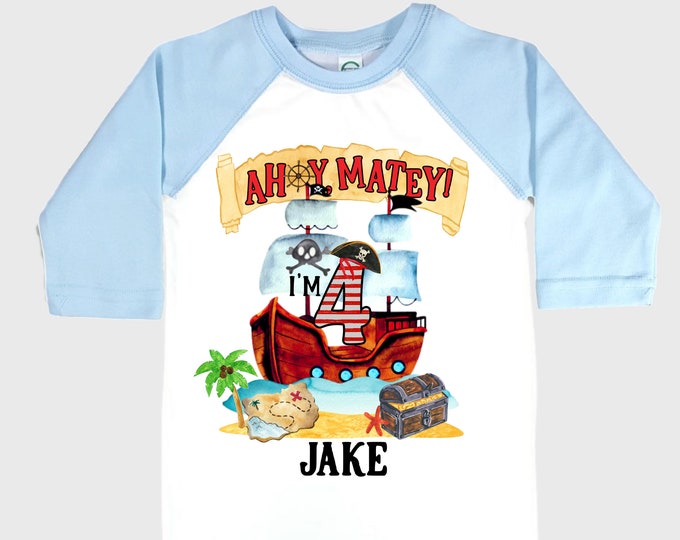 Personalized Pirate Ship FOUR  Raglan Pirate Ship theme Birthday Shirt. Arr matey. Ahoy Matey. Timber Me Shivers. 4th Pirate themed Party.