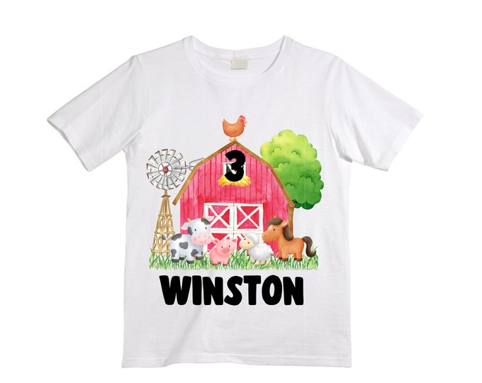 Farm Barn Tractor Farm Animal theme Birthday Shirt. THREE Birthday. Boy's Tractor Birthday Shirt. Farm Birthday Shirt.