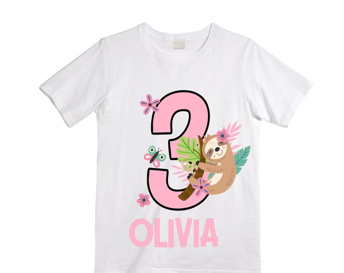 Personalized Sloth Themed THREE Birthday Girl Shirt. Cake Smash Sleeve Birthday Shirt. Three . Birthday Shirt