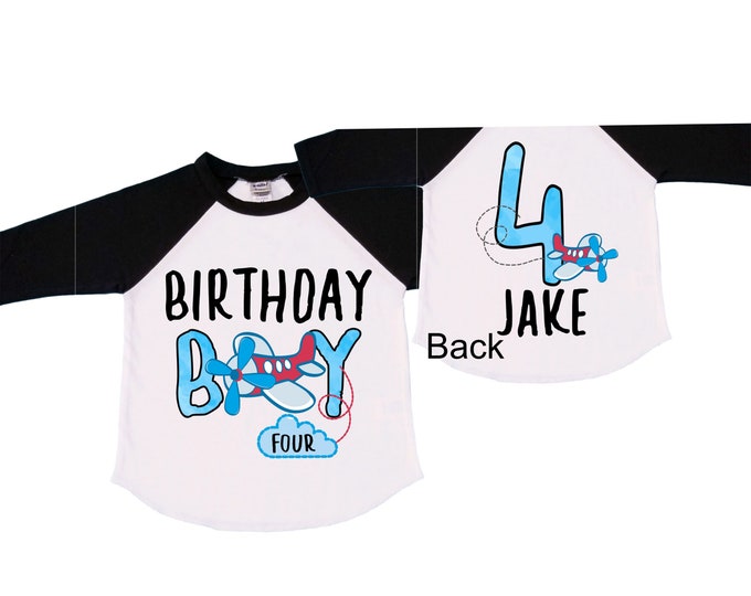 Personalized Airplane FOUR  Raglan Airplane theme Birthday Shirt. FOUR Birthday. Boy's Racing Birthday . Airplane Party Birthday