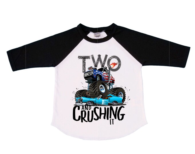 Personalized Monster Truck Crushing it theme Birthday Shirt. Two Birthday. Boy's Truck Birthday Shirt. Monster Truck Racing Birthday Shirt.
