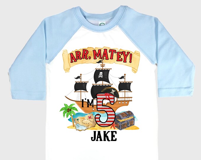 Personalized Pirate Ship FIVE Pirate Ship theme Birthday Shirt. Five Birthday. Boy's Pirate. Ahoy Matey, Arr Matey, Arrgh, Shiver Me Timber