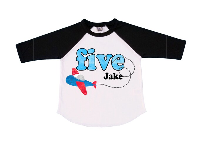 Personalized Airplane theme Birthday Shirt. FIVE Birthday. Boy's Racing Birthday Airplane Themed Birthday Shirt