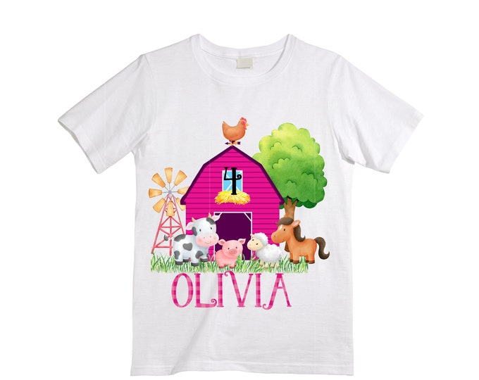 Personalized Farm Barn Farm Animal Tractor theme Birthday Shirt. Four Birthday. Girls Cow Farm Birthday Shirt. Tractor Birthday Shirt.