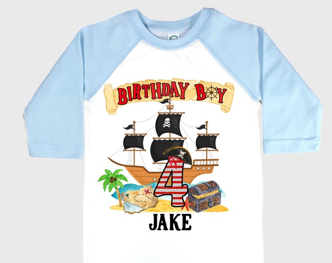 Personalized Pirate Ship FOUR  Raglan Pirate Ship theme Birthday Shirt. Arr matey. Ahoy Matey. Timber Me Shivers. 4th Pirate themed Party.