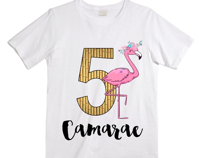 Personalized Flamingo Tropical FIVE Birthday Girl Shirt. Cake Smash Short Sleeve Birthday Shirt. 5th . Birthday Shirt