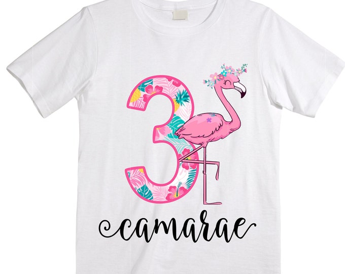 Personalized Flamingo Tropical Themed THREE Birthday Girl Shirt. Cake Smash Sleeve Birthday Shirt. Three . Birthday Shirt