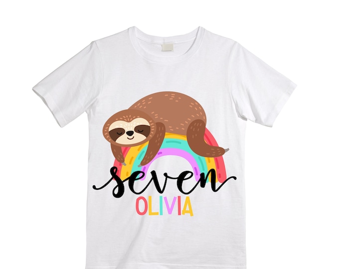 Personalized Sloth themed SEVEN  Birthday Girl Shirt. Cake Smash Short Sleeve Birthday Shirt. 7th . Birthday Shirt
