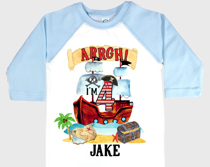 Personalized Pirate Ship FOUR  Raglan Pirate Ship theme Birthday Shirt. Arr matey. Ahoy Matey. Timber Me Shivers. 4th Pirate themed Party.