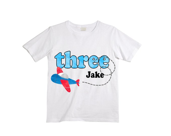 Personalized Airplane theme Birthday Shirt. THREE Birthday. Boy's Airplane Birthday Shirt. Airplane Racing Birthday Shirt.