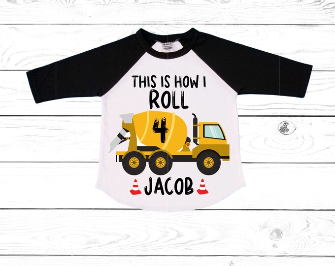 Personalized 4 Cement This is How I Roll Construction  FOUR  Trash Truck theme Birthday Shirt. Fourth Birthday. Boy's Birthday .
