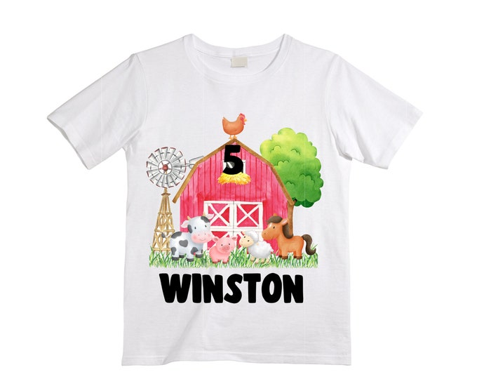 Personalized Farm Barn Farm Animal Tractor theme Birthday Shirt. FIVE Birthday. Boy's Farm Birthday Shirt. Tractor Birthday Shirt. 5th