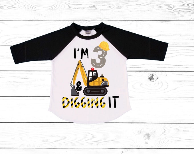 3 Digging Construction theme Birthday Shirt. THREE Birthday. Boy's Dump Truck Birthday Shirt.