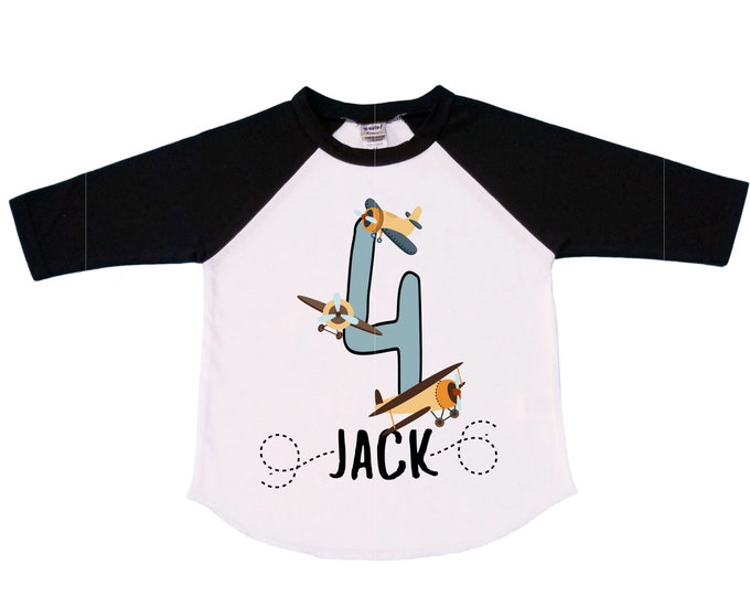 Personalized Airplane FOUR  Raglan Airplane theme Birthday Shirt. FOUR Birthday. Boy's Racing Birthday . Airplane Party Birthday
