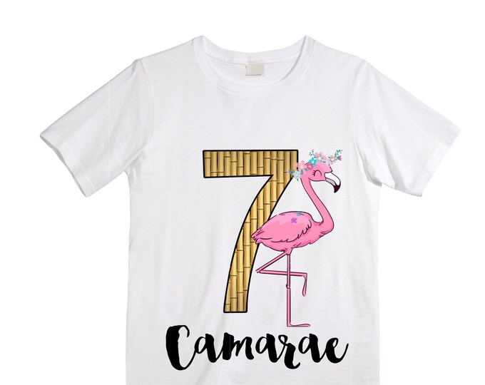 Personalized Flamingo Tropical themed SEVEN  Birthday Girl Shirt. Cake Smash Short Sleeve Birthday Shirt. 7th . Birthday Shirt