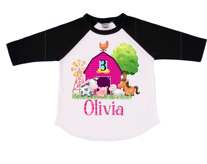 Farm Barn Tractor Farm Animal theme Birthday Shirt. THREE Birthday. Girls Cow Farm Tractor Birthday Shirt. Farm Birthday Shirt.