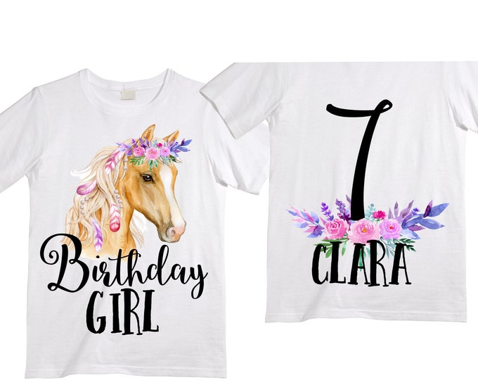 Personalized Horse Unicorn theme Birthday Shirt. Seven Birthday. Girl's Floral Dino Birthday Shirt. Dinosaur Birthday Shirt.  7th Birthday