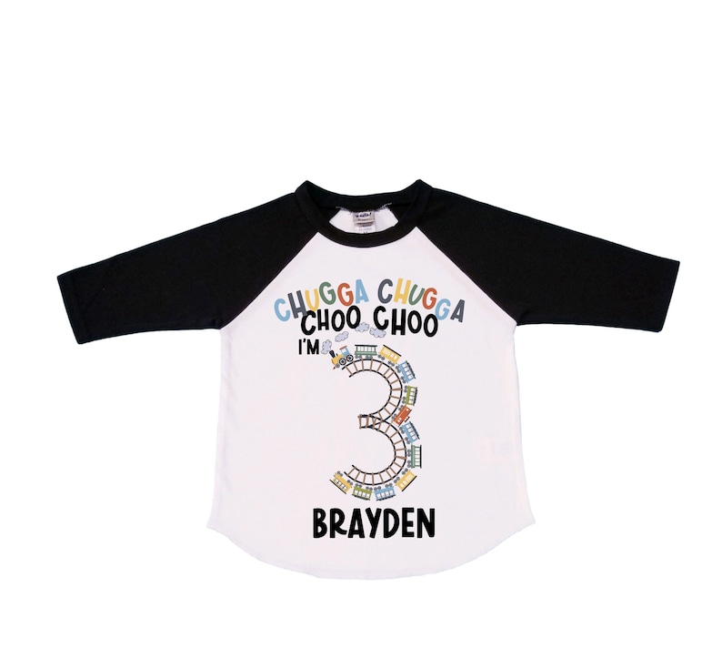 Personalized Choo Choo I'm 3 Train theme Birthday Shirt. Three Birthday. Boy's Train Birthday Shirt. Choo Choo Train Birthday Shirt. image 1