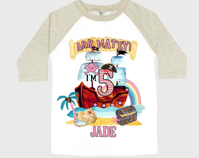 Personalized Pirate Rainbow FIVE Birthday Girl Shirt. Ahoy Matey, Arrgh, Arr Matey. Shiver Me Timbers Pirate 5th Birthday Shirt