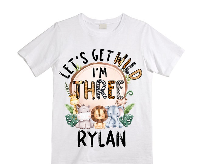 Personalized Let's Get Wild Birthday Shirt. THREE Birthday. Boy's Truck Birthday Shirt. Safari Birthday Shirt.