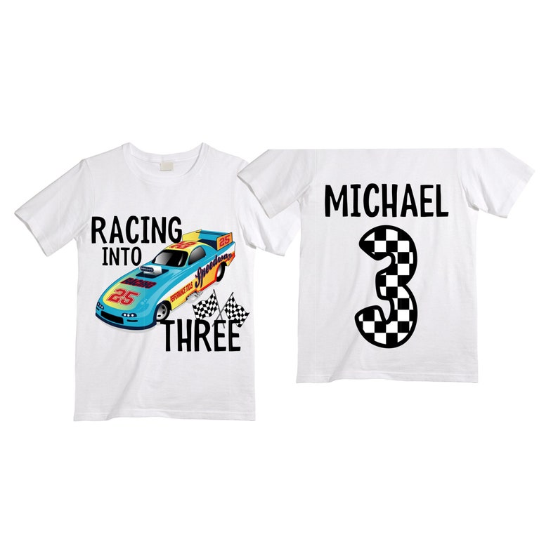 Personalized RaceCar theme Birthday Shirt. THREE Birthday. Boy's Racecar Birthday Shirt. Race Car Racing Birthday Shirt. image 1