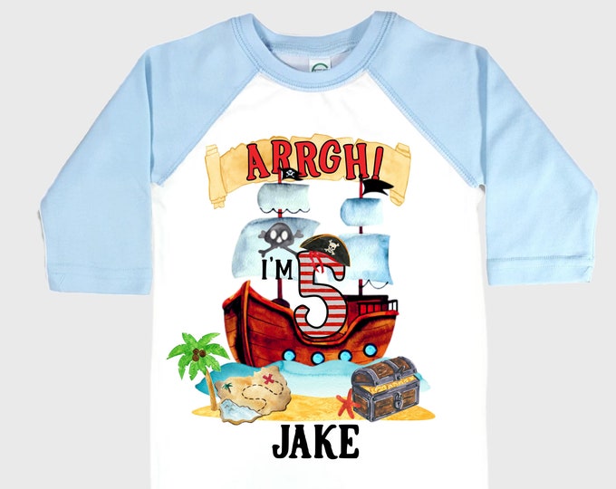 Personalized Pirate Ship FIVE Pirate Ship theme Birthday Shirt. Five Birthday. Boy's Pirate. Ahoy Matey, Arr Matey, Arrgh, Shiver Me Timber