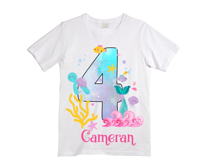 Personalized Mermaid Under the Sea - Four Birthday Girl Shirt. Cake Smash Birthday Shirt. 4th . Birthday Shirt