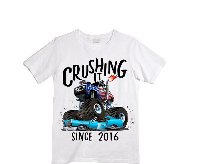 Personalized Monster Truck Crushing IT Birthday Shirt. FIVE Birthday. Boy's Truck Birthday Shirt. Monster Truck Racing Birthday Shirt.