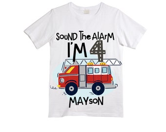 Personalized Sound the Alarm I'm 4Fire Truck FOUR  Raglan Monster Truck theme Birthday Shirt. Fourth Birthday. Boy's Fire Truck Birthday .