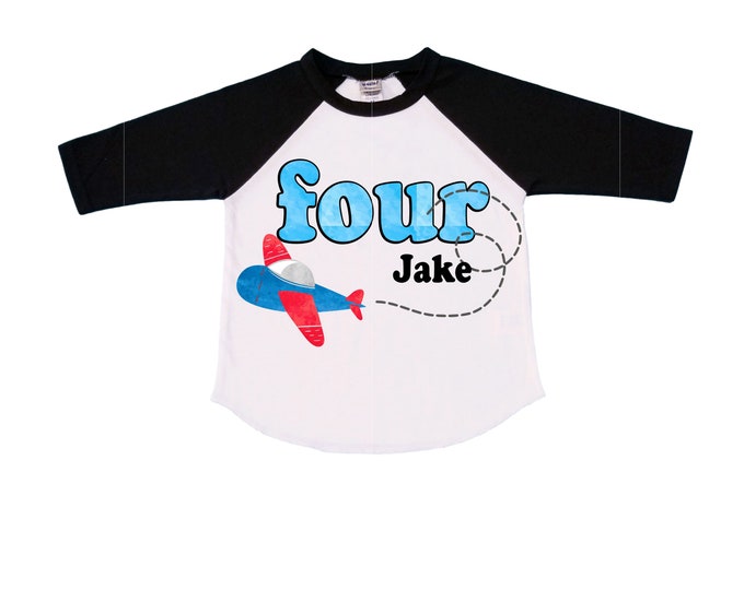 Personalized Airplane FOUR  Raglan Airplane theme Birthday Shirt. FOUR Birthday. Boy's Racing Birthday . Airplane Party Birthday