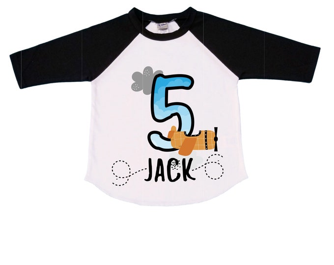 Personalized Airplane theme Birthday Shirt. FIVE Birthday. Boy's Racing Birthday Airplane Themed Birthday Shirt