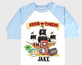 Personalized Pirate Ship FIVE Pirate Ship theme Birthday Shirt. Five Birthday. Boy's Pirate. Ahoy Matey, Arr Matey, Arrgh, Shiver Me Timber